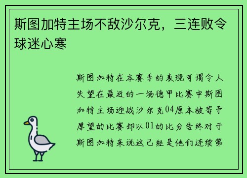斯图加特主场不敌沙尔克，三连败令球迷心寒