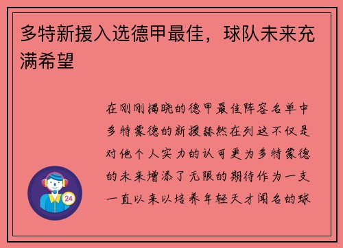 多特新援入选德甲最佳，球队未来充满希望