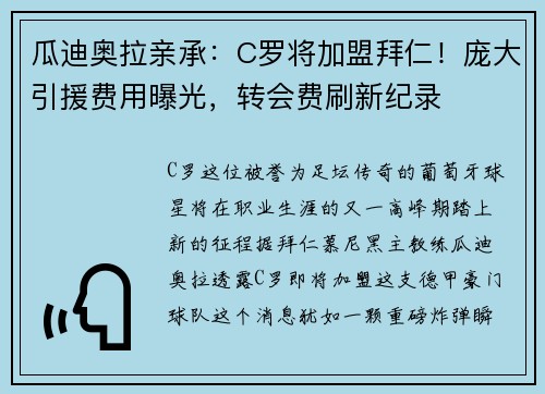 瓜迪奥拉亲承：C罗将加盟拜仁！庞大引援费用曝光，转会费刷新纪录