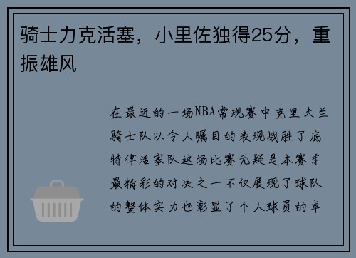 骑士力克活塞，小里佐独得25分，重振雄风