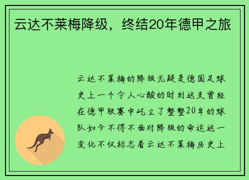 云达不莱梅降级，终结20年德甲之旅