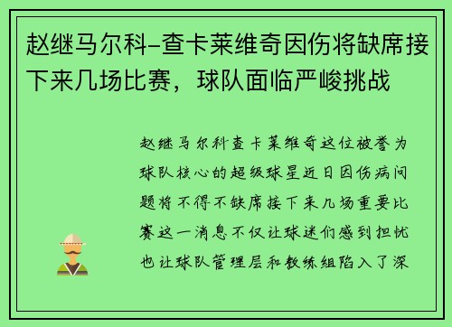 赵继马尔科-查卡莱维奇因伤将缺席接下来几场比赛，球队面临严峻挑战